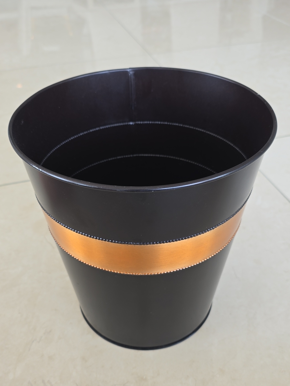 Brown Metal Waste Bin With Copper Band - 10.5" Tall & Just Under 10" Wide At Top